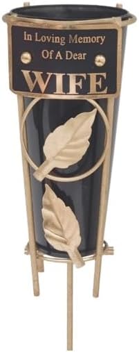 Wife - Memorial Metal Grave Vase With Gold Leaf - Black