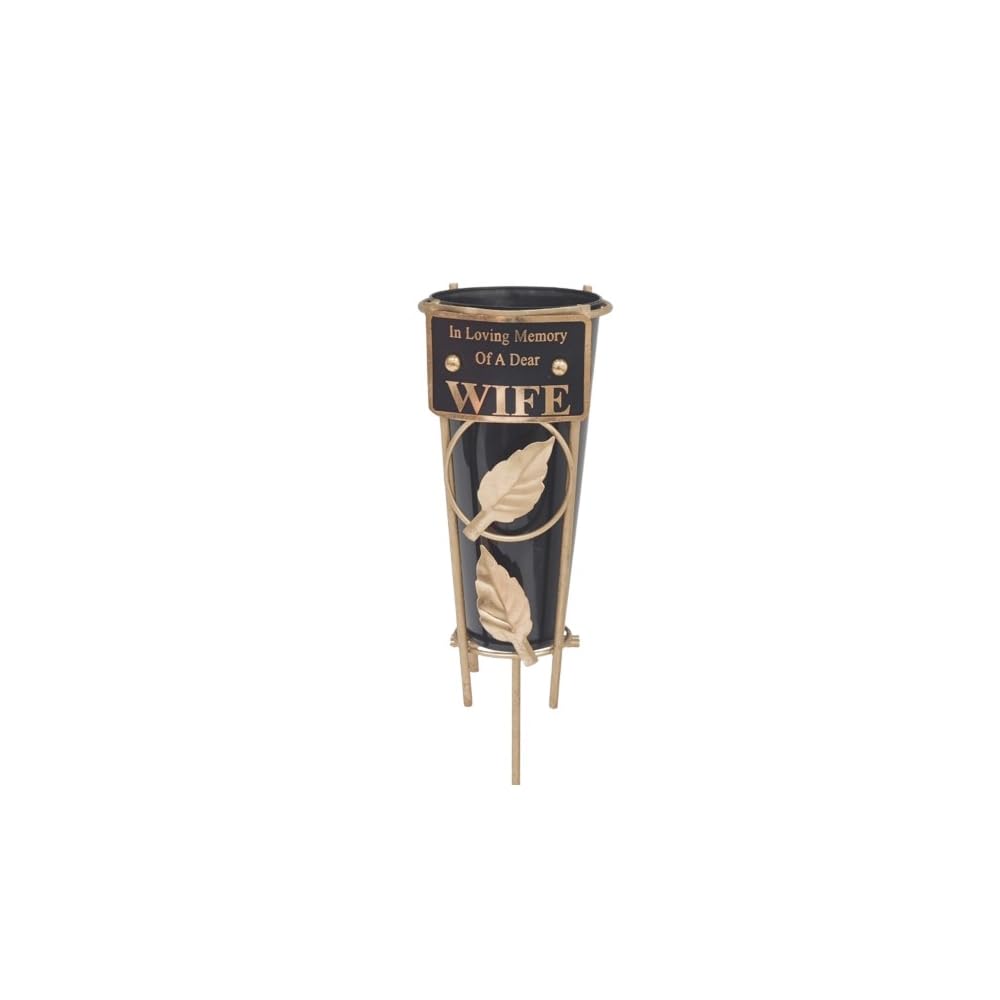 Wife - Memorial Metal Grave Vase With Gold Leaf - Black