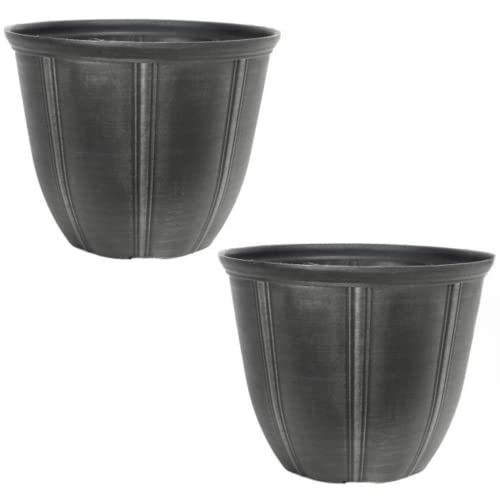 CTI Living Set of 2 Metallic Grey Plastic Plant Pot 29cm 12 Inch 11L Round Garden Planter Weatherproof Drainage Hole