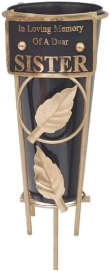 Sister - Memorial Metal Grave Vase With Gold Leaf - Black