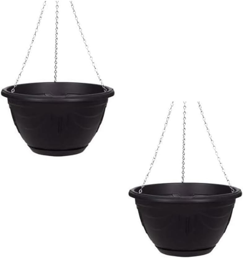 Flower and Herb Plastic Hanging Basket | Plant Saucer for Indoor Outdoor | Wall Planters | Plant Pots for Succulents | Hanging Flower Pots for Garden, Balcony - 32cm (Black - Pack 1)