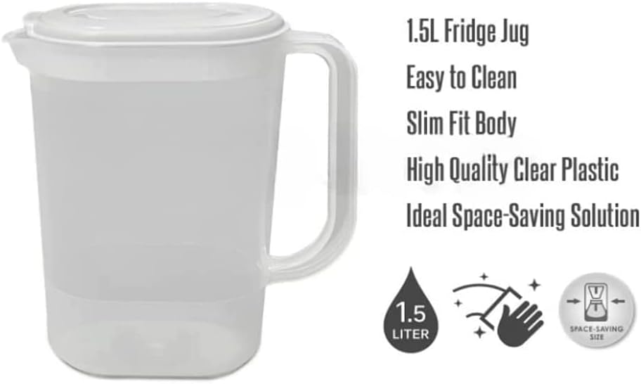 Plastic Jug Pitcher Set | BPA Free and Durable Fridge Door Jug with Lid | Airtight Measuring Container for Water, Milk, Juices & More | Simple Plastic Measuring Jug | 1.5 litres (Pack of 2)