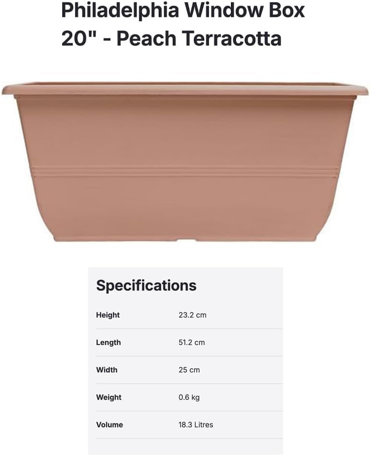 shopior 30cm (12 Inch) Peach Terracotta Plastic Plant Pots – 10L Round Garden Planters with Drainage – Weatherproof Indoor & Outdoor Tub (Peach Terracotta, Phidelphia Window Box 20"-Pack 1)