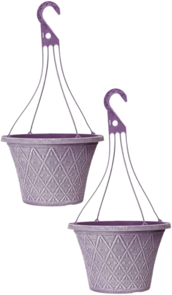 30cm Hanging Basket - Decorative Round Garden Flower Plant Pot | Woven Flower Outdoor Decorative Planter – Weatherproof Plastic with Drainage Holes –For Gardens & Balconies (Purple, Pack of 2)