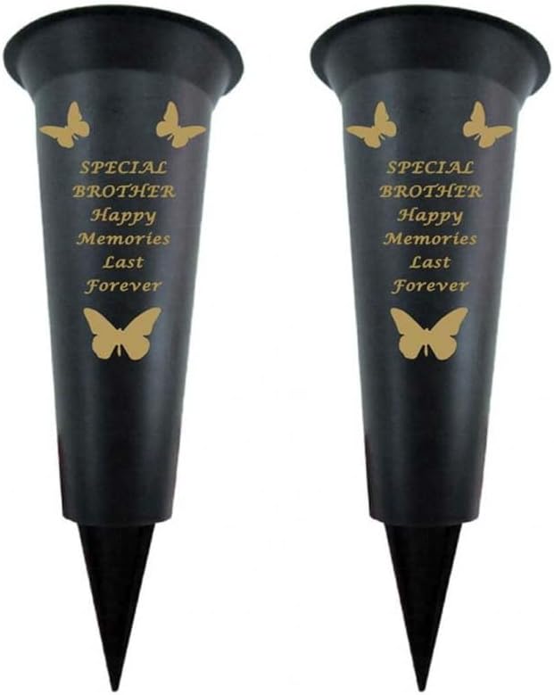 Black Plastic Flower Holders/Memorial Grave Vases Ornaments - Butterfly Spike Grave Flower Vases with Funeral Verses for Your Loved Ones - Pack of 2 (Brother - Pack of 2)