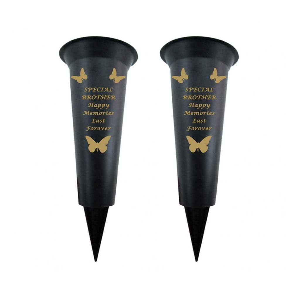 Black Plastic Flower Holders/Memorial Grave Vases Ornaments - Butterfly Spike Grave Flower Vases with Funeral Verses for Your Loved Ones - Pack of 2 (Brother - Pack of 2)
