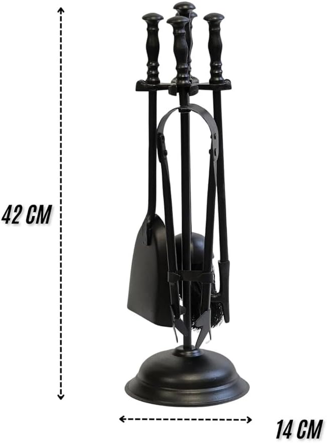 shopior 5PC Cast Iron Fireside Tool Set–Wrought Iron Companion Fireplace Set with Stand, Shovel, Poker, Brush & Tongs – Firepit & Wood Burner Traditional Accessories for Stove, Log Burner & Open Fires