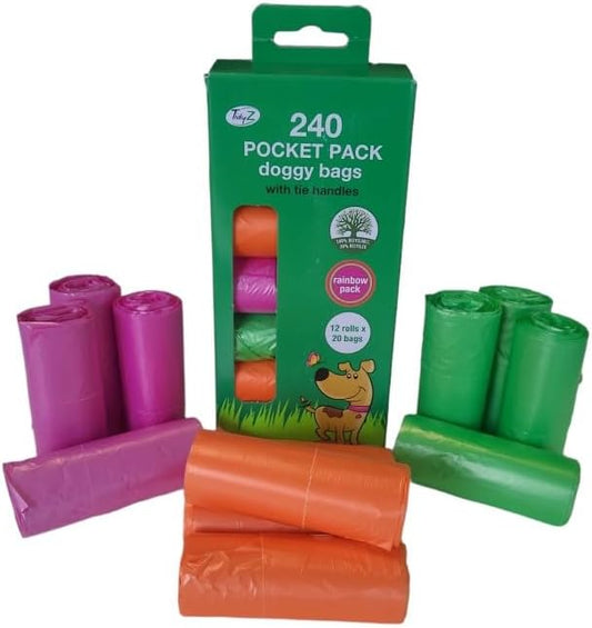 TidyZ 240 DOGGY BAGS WITH TIE HANDLES, POCKET PACK, RAINBOW COLOURS (12 rolls of 20 bags)