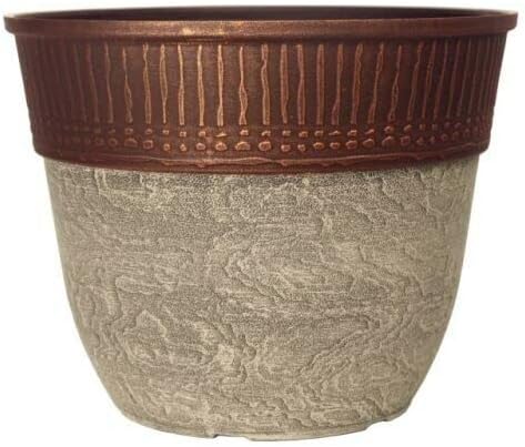 CTI Living Set of 2 Stone Look Copper Rim Plastic Plant Pot 38cm 23L Round Garden Planter with Drainage Hole Weatherproof