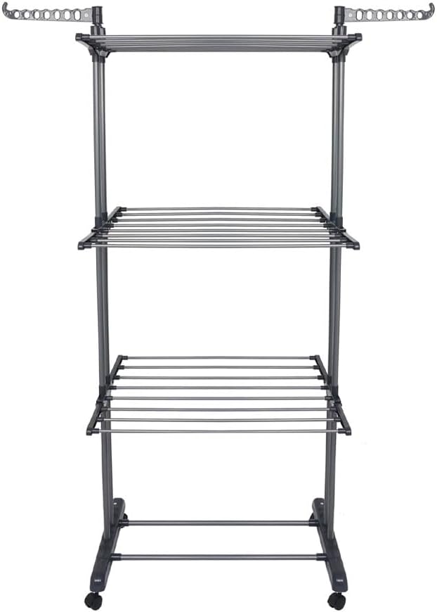 4-Tier Foldable Clothes Drying Rack Airer with Wheels | Large Stainless Steel Indoor Outdoor Laundry Garment Hanger with Adjustable Shelves & Foldable Wings for Towels, Bedding, Clothes, Shoes –Grey