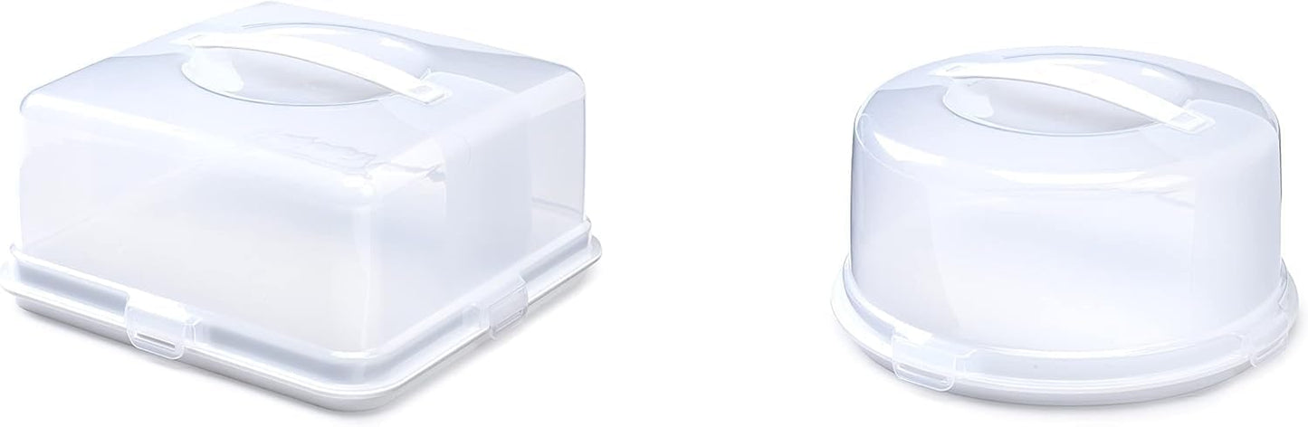 Airtight BPA-free Plastic Reusable Storage Cake Box | Portable Takeaway Food Storage Container with Lid | Cake Carrier with Handle Box | Lockable Cover Box Multipack (Plastic, Three Pack Square)
