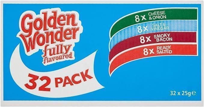 Golden Wonder Blue Snack Box - Fully Flavoured 4 Unique Flavours. Includes 32 Individual Packs (25g Each). A Delicious Variety in Every Box! For Snacking, Sharing, or Parties
