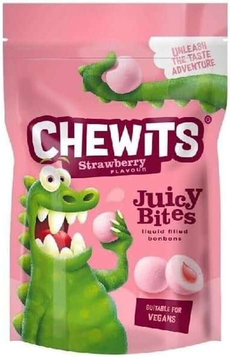 Chewits Juicy Bites 115g | Raspberry, Strawberry, Apple & Lemon Sour Flavoured Chewy Sweets | Real Fruit Juice, Soft Chews for Kids & Adults (Chewits Strawberry)