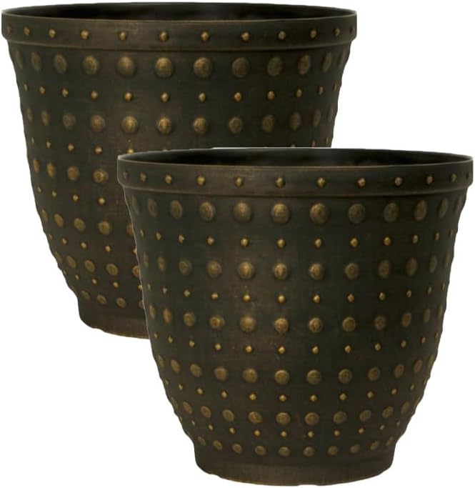 Plastic Plant Pot Hobnail Planter – 16L Large Decorative Flower Pot for Garden, Patio, Balcony, Indoor & Outdoor Use | Lightweight Garden Container with Drainage Holes (Black Bronze-32cm, Pack 2)