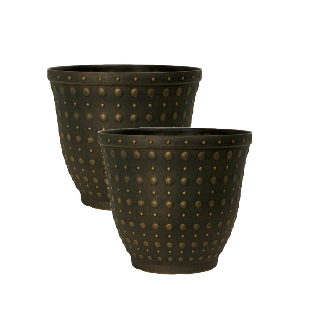 Plastic Plant Pot Hobnail Planter – 16L Large Decorative Flower Pot for Garden, Patio, Balcony, Indoor & Outdoor Use | Lightweight Garden Container with Drainage Holes (Black Bronze-32cm, Pack 2)