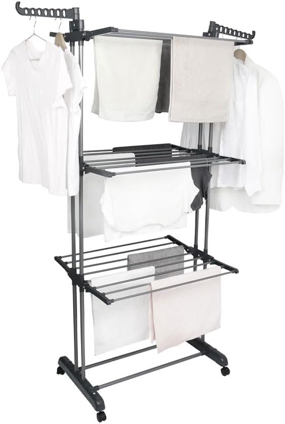 4-Tier Foldable Clothes Drying Rack Airer with Wheels | Large Stainless Steel Indoor Outdoor Laundry Garment Hanger with Adjustable Shelves & Foldable Wings for Towels, Bedding, Clothes, Shoes –Grey