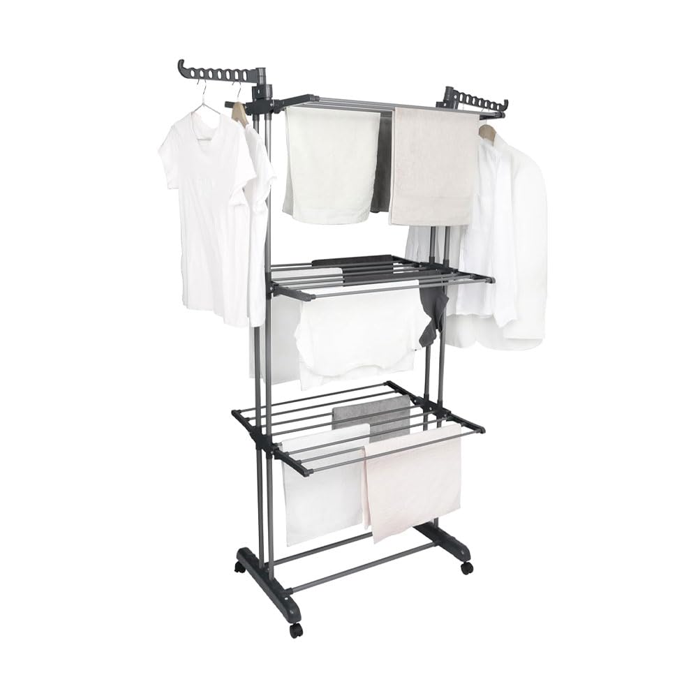 4-Tier Foldable Clothes Drying Rack Airer with Wheels | Large Stainless Steel Indoor Outdoor Laundry Garment Hanger with Adjustable Shelves & Foldable Wings for Towels, Bedding, Clothes, Shoes –Grey