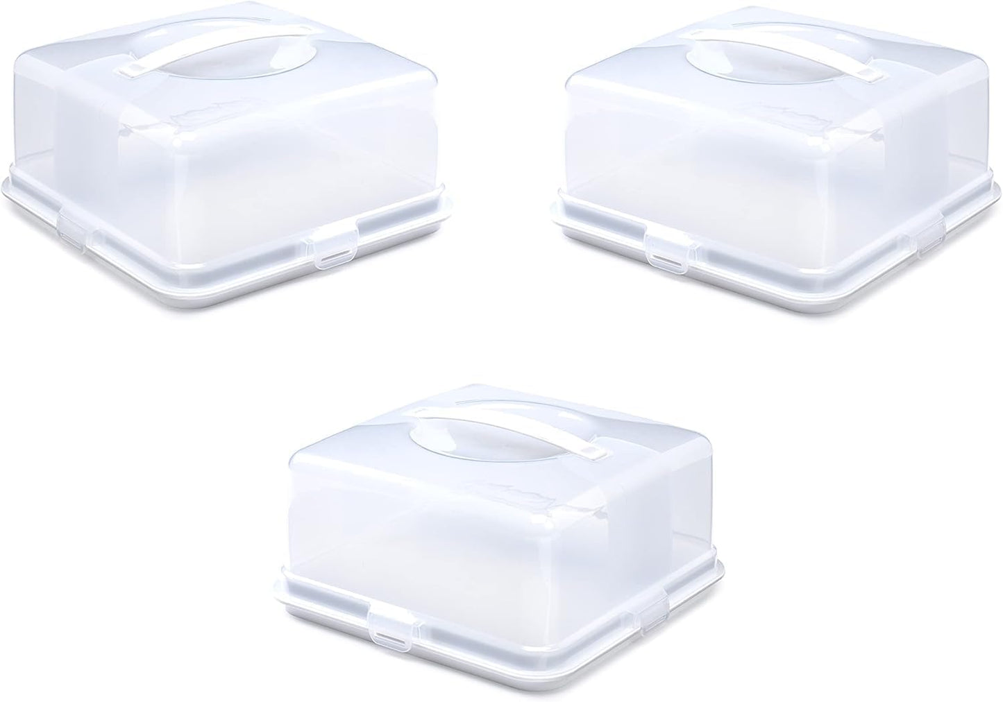 Airtight BPA-free Plastic Reusable Storage Cake Box | Portable Takeaway Food Storage Container with Lid | Cake Carrier with Handle Box | Lockable Cover Box Multipack (Plastic, Three Pack Square)