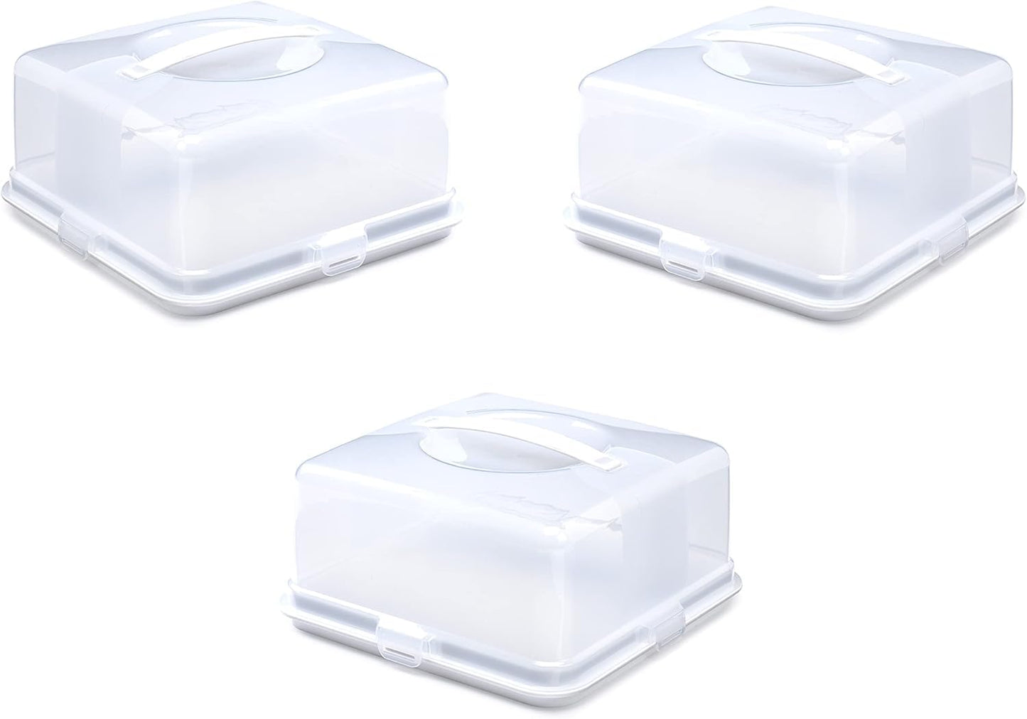 Airtight BPA-free Plastic Reusable Storage Cake Box | Portable Takeaway Food Storage Container with Lid | Cake Carrier with Handle Box | Lockable Cover Box Multipack (Plastic, Three Pack Square)