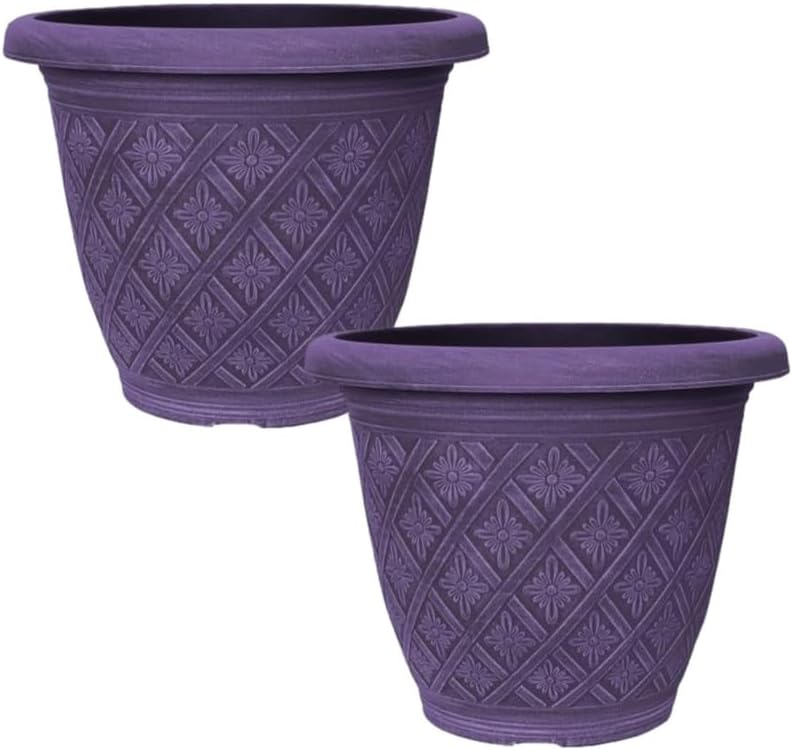 33cm 13inch Round Garden Plant Pot – Outdoor Decorative Planter – Weatherproof Plastic Woven Flower Pot with Drainage Holes – Indoor Outdoor Pot for Gardens, Balconies & Windowsills (Blue, Pack 2)