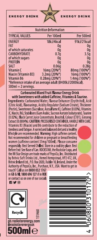 Rockstar Refresh Energy Drink Strawberry & Lime, 12 x 500ml cans
