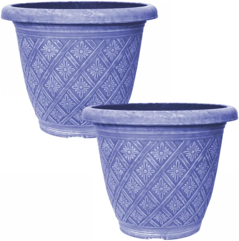 33cm 13inch Round Garden Plant Pot – Outdoor Decorative Planter – Weatherproof Plastic Woven Flower Pot with Drainage Holes – Indoor Outdoor Pot for Gardens, Balconies & Windowsills (Blue, Pack 2)