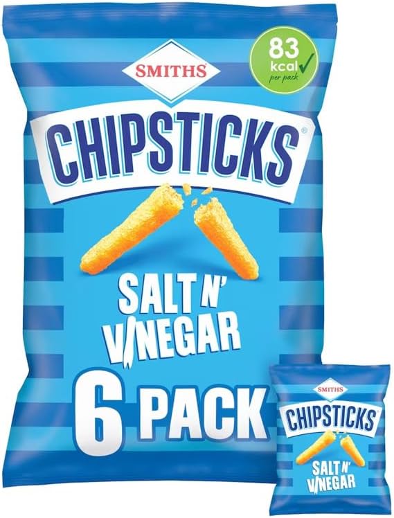 Smiths Chipsticks – Light & Crispy Flavoured Corn Snacks | Low Calorie Retro British Savoury Crisps | 6 Snack Bags | Lunchbox Snacks (Pack 3, Salt & Vinegar)