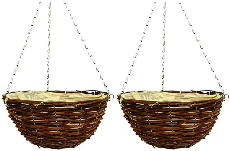 36cm 14Inch Hanging Wicker Basket Planters – Natural Rattan Willow Hanging Flower Pots with Polythene Liner & Metal Chain – Large Decorative Hanging Planters for Indoor & Outdoor Garden, Balcony ( 2 )