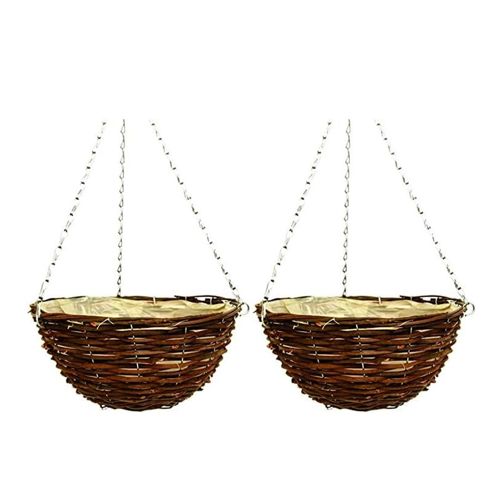 36cm 14Inch Hanging Wicker Basket Planters – Natural Rattan Willow Hanging Flower Pots with Polythene Liner & Metal Chain – Large Decorative Hanging Planters for Indoor & Outdoor Garden, Balcony ( 2 )