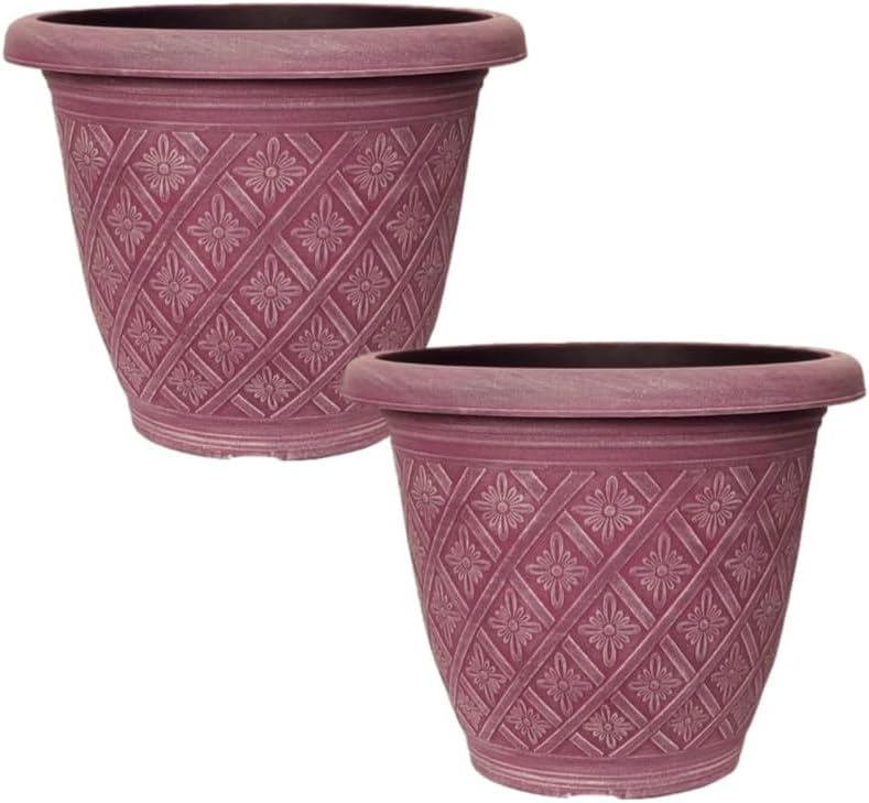 33cm 13inch Round Garden Plant Pot – Outdoor Decorative Planter – Weatherproof Plastic Woven Flower Pot with Drainage Holes – Indoor Outdoor Pot for Gardens, Balconies & Windowsills (Blue, Pack 2)