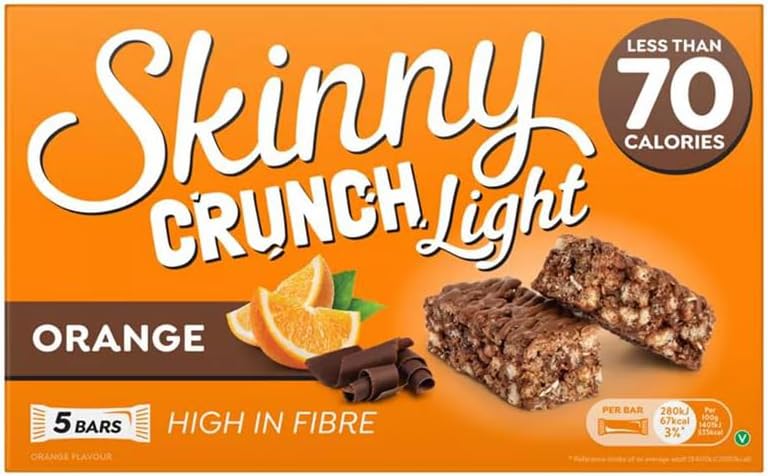 5 × Skinny Crunch Snack Bars – Less Than 90 Calories | High Fibre Cereal Bars Milk Chocolate Flavoured Coating | Snacks for Kids and Adults | Sweet Treat Gifts (Pack 3(15-Bars), Orange)