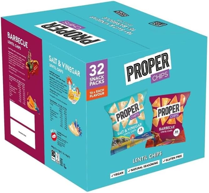 Multipack Lentil Chips – Vegan & Gluten Free Crisps – 32 x 14g Snack Packs (16 Barbecue + 16 Salt & Vinegar In a Single Carton) – Healthy Plant-Based Snack Box – Lunch, Travel & Sharing (2-Box)
