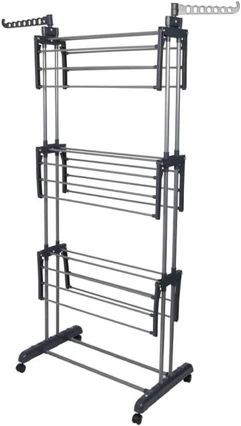 4-Tier Foldable Clothes Drying Rack Airer with Wheels | Large Stainless Steel Indoor Outdoor Laundry Garment Hanger with Adjustable Shelves & Foldable Wings for Towels, Bedding, Clothes, Shoes –Grey