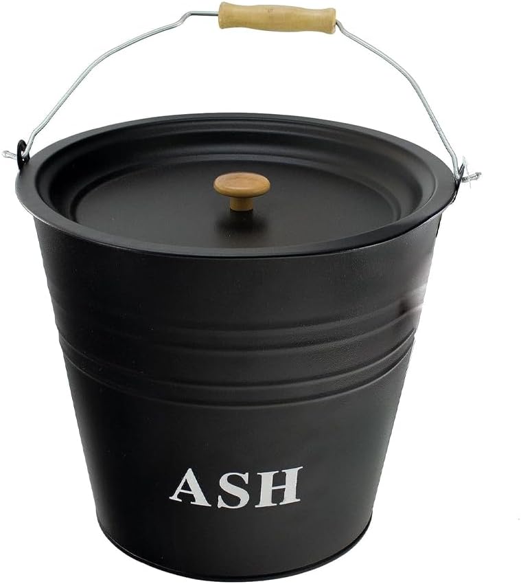 12L Metal Ash Bucket with Lid, Brush & Shovel – Steel Coal Holder with Wooden Handle for Fireplace, Fire Pit, BBQ, Wood Burning Stove & Hearth – Ash Bin Storage Container Set