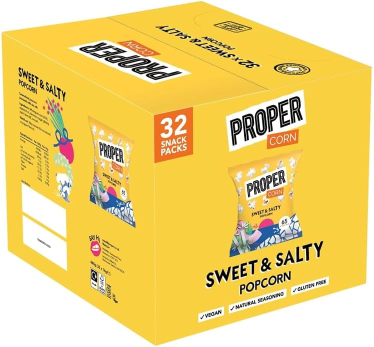 Sweet & Salty Popcorn – Gluten-Free Vegetarian Snack with Natural Sea Salt & Demerara Sugar Seasoning – Low Calorie 138 kcal per Portion – Sharing Bags & Multipacks – Box of 32 Packs