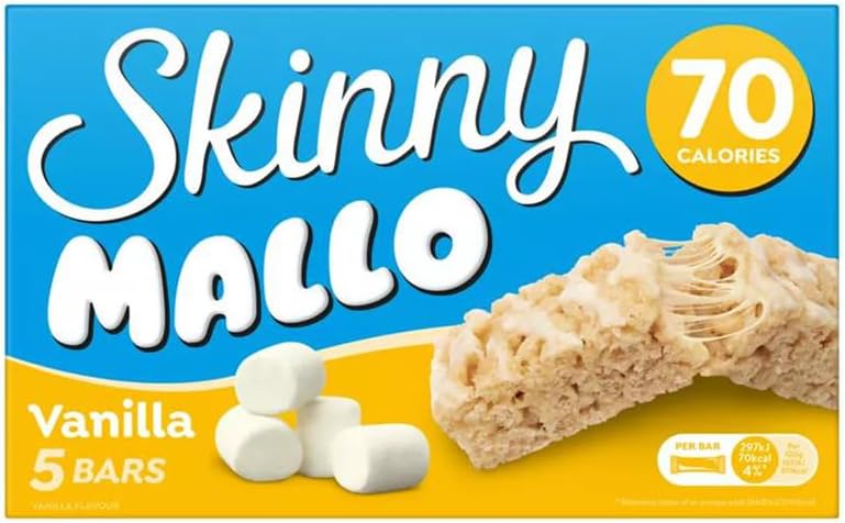 5 × Skinny Mallo Bars – Low Calorie Marshmallow Cereal Bars | Under 70 Calories Sweet Snack Treats for Kids & Adults, Healthy Snack Bars for Lunchboxes | (Pack 3(15 Bars), Vanilla)