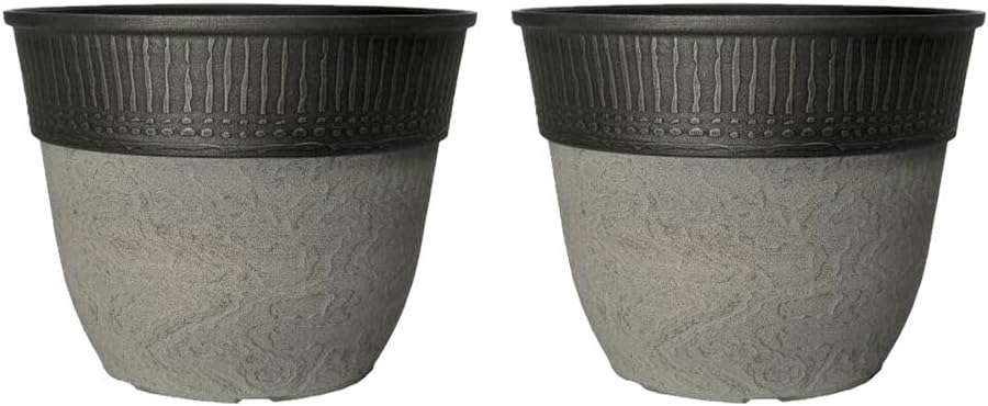 Stone Look Plastic Plant Pot – Large Round Outdoor Garden Planter with Modern Rim Design, Drainage Hole, Weatherproof – Indoor & Outdoor Flower Pot for Plants, Herbs & Shrubs (Grey-38cm, Pack 1)