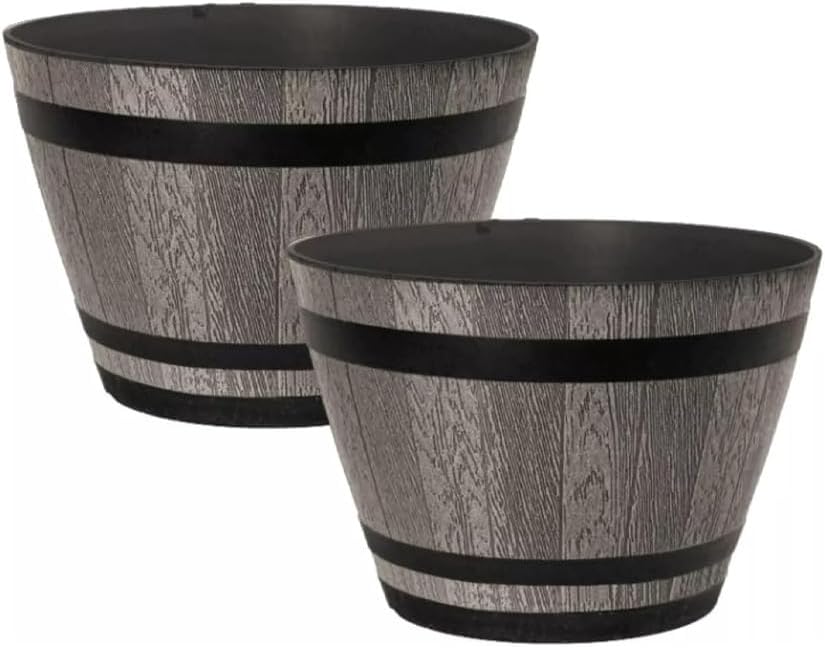 Plastic Whiskey Barrel Planter, Brown Ash 4L Capacity-Outdoor Garden Decor Plant Pot with Drainage Holes - Weatherproof, UV-Resistant Garden Pots-Indoor & Outdoor Flower/Plant Pot (30cm 12inch 2Pack)