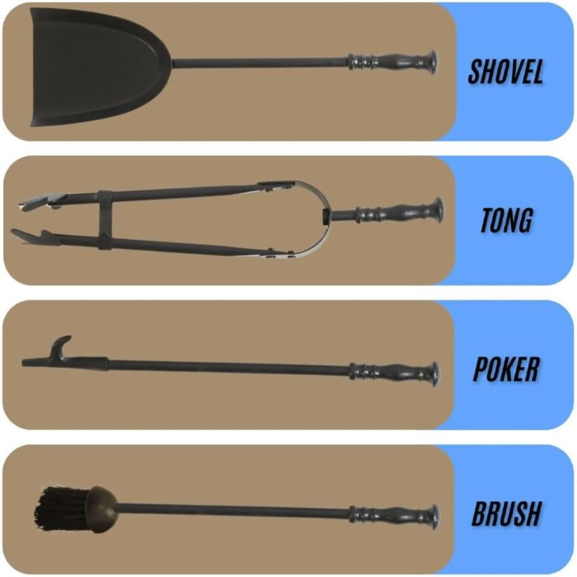 shopior 5PC Cast Iron Fireside Tool Set–Wrought Iron Companion Fireplace Set with Stand, Shovel, Poker, Brush & Tongs – Firepit & Wood Burner Traditional Accessories for Stove, Log Burner & Open Fires