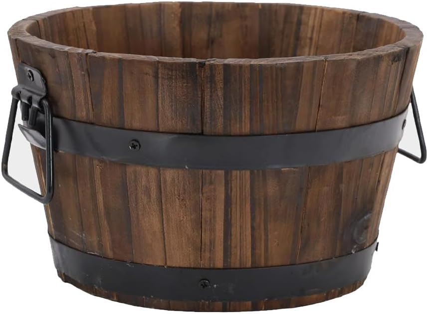 shopior Rustic Round Burnt Wood Whiskey Barrel Planter – Outdoor Wooden Garden Plant Pot with Handles – Weatherproof Flower Tub with Drainage – Decorative Patio & Balcony Planter (30cm 12inch 1Pack)