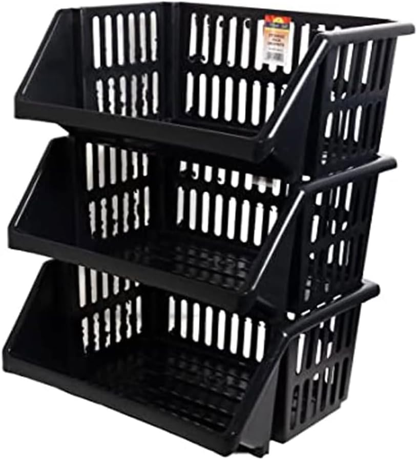 Compact 3 Tier Stackable Kitchen Sink Organiser| Durable Plastic Storage Basket | Multi-Purpose Stacking Basket | Kitchen Shelves Veg Rack, Plastic Fruit Storage Stand (Silver, 18 Centimetres)
