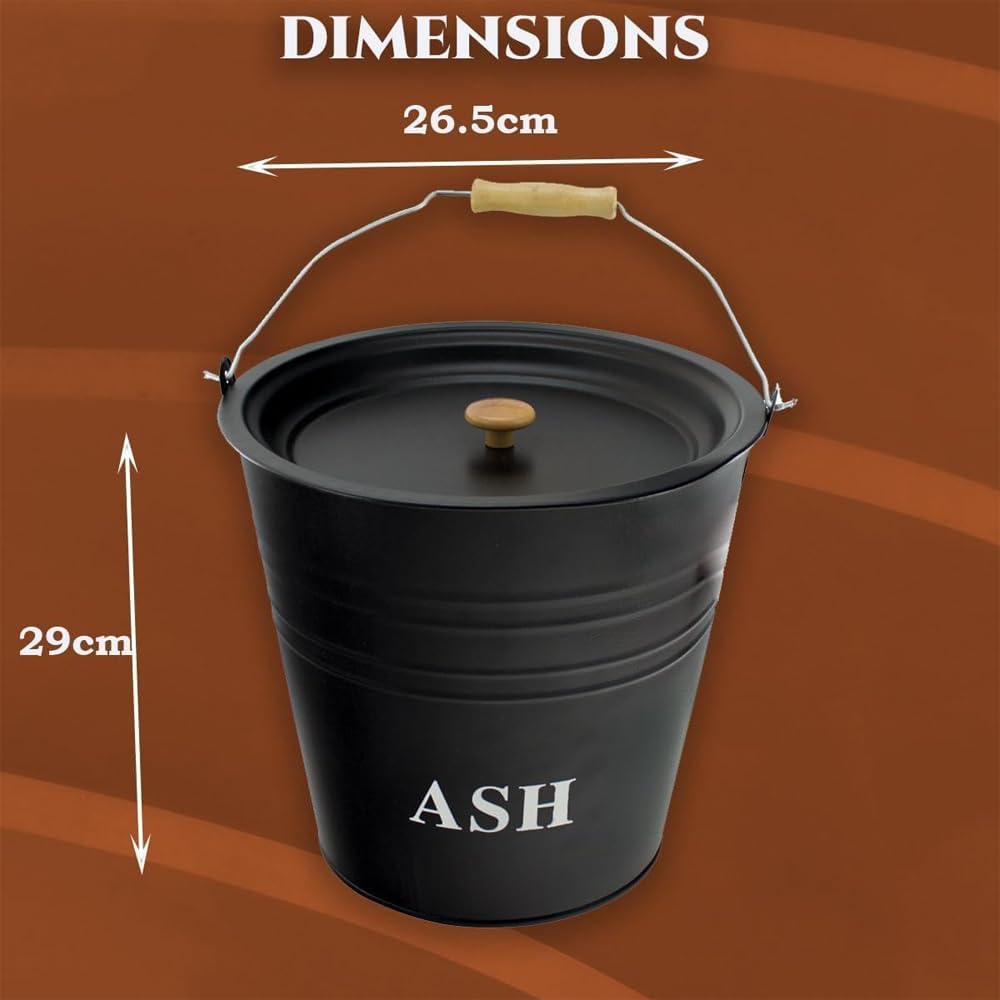 12L Metal Ash Bucket with Lid, Brush & Shovel – Steel Coal Holder with Wooden Handle for Fireplace, Fire Pit, BBQ, Wood Burning Stove & Hearth – Ash Bin Storage Container Set
