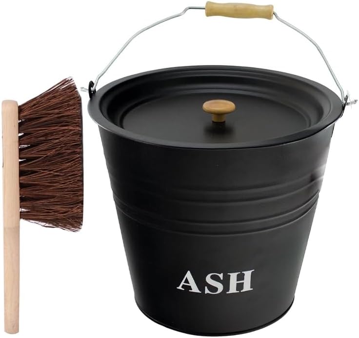 12L Metal Ash Bucket with Lid, Brush & Shovel – Steel Coal Holder with Wooden Handle for Fireplace, Fire Pit, BBQ, Wood Burning Stove & Hearth – Ash Bin Storage Container Set