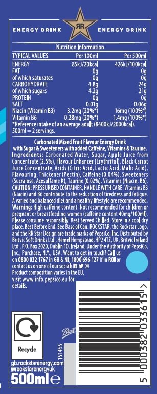 Rockstar XDurance Energy Drink, Blueberry Pomegranate and Acai, Non-Alcoholic, 200 mg Caffeine, Caffeinated Drink with Taurine, Guarana, Ginseng, and Vitamins, 12 x 500 ml cans