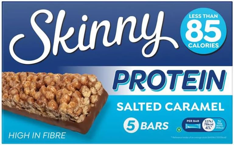 Skinny Protein Bars – Low Calorie High Fibre Healthy Snack Bars Under 95 Calories | Protein Treats for Weight Loss & Slimming Plans, Cereal Bars Healthy Snacks (Pack 3(15 Bars), Salted Caramel)