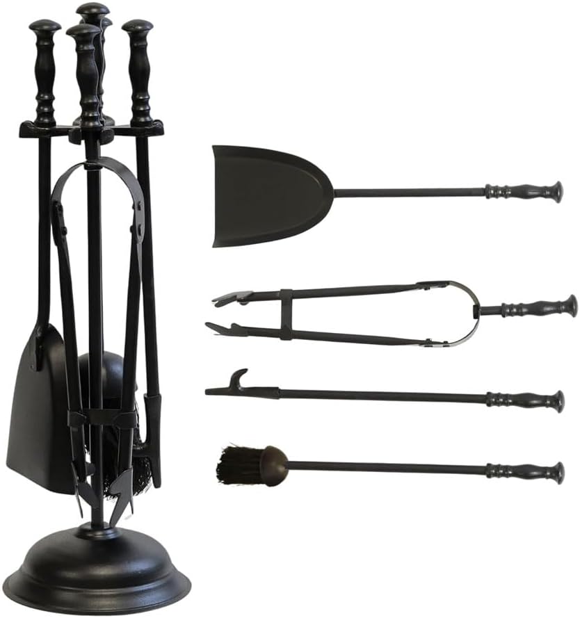 shopior 5PC Cast Iron Fireside Tool Set–Wrought Iron Companion Fireplace Set with Stand, Shovel, Poker, Brush & Tongs – Firepit & Wood Burner Traditional Accessories for Stove, Log Burner & Open Fires