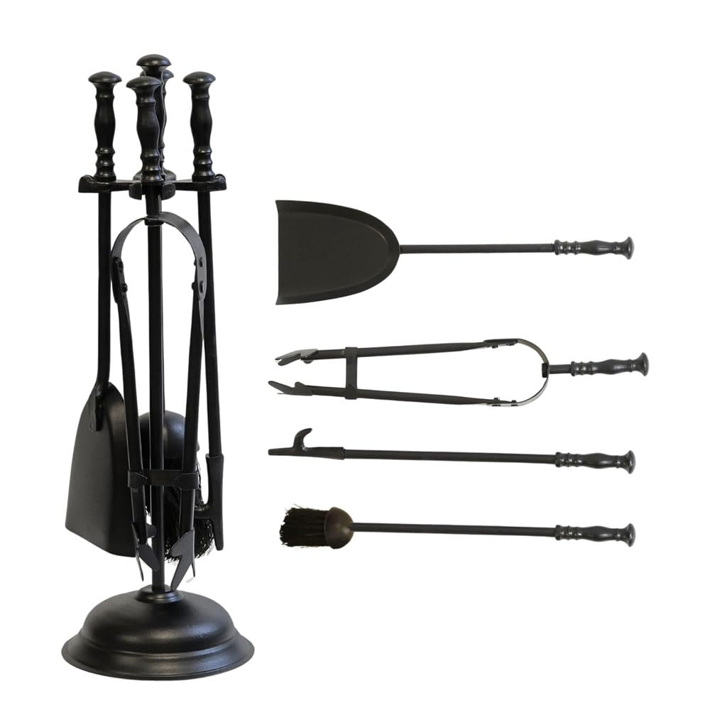 shopior 5PC Cast Iron Fireside Tool Set–Wrought Iron Companion Fireplace Set with Stand, Shovel, Poker, Brush & Tongs – Firepit & Wood Burner Traditional Accessories for Stove, Log Burner & Open Fires