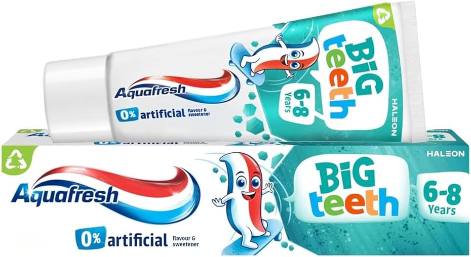 Aquafresh Big Teeth Kids Toothpaste 6–8 Years | Children’s Fluoride Toothpaste with Mild Mint Flavour – Enamel & Cavity Protection | Hadco Bundle with Fun Puffy Sticker Sheet for kids | (4 x 50ml) (4)
