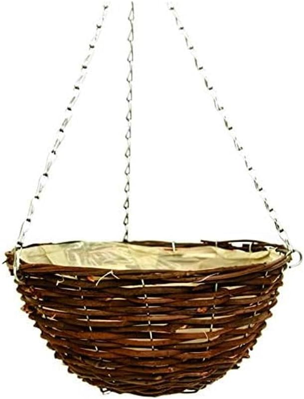 36cm 14Inch Hanging Wicker Basket Planters – Natural Rattan Willow Hanging Flower Pots with Polythene Liner & Metal Chain – Large Decorative Hanging Planters for Indoor & Outdoor Garden, Balcony ( 2 )