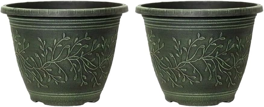 Round Linden Garden Plant Pot – Weatherproof Decorative Outdoor & Indoor Flower Planter with Drainage Holes | Durable Plastic Plant Pot for Patio, Balcony, Home & Garden - 28cm (Green-Pack 4, 28cm)